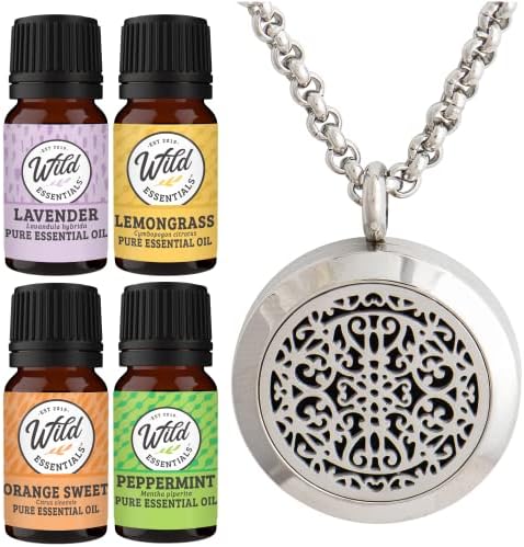 Wild Essentials Wrought Iron Necklace Essential Oil Diffuser Kit With Lavender, Lemongrass, Peppermint, Orange Oils, 12 Refill Pads, Calming Aromatherapy Gift Set, Customizable Color Changing, Perfume