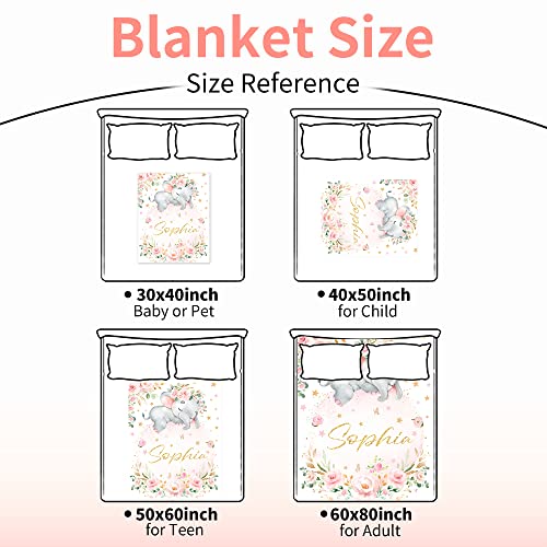 Image of Personalized Elephant Blanket with Name for Girl Custom Blanket for Teens