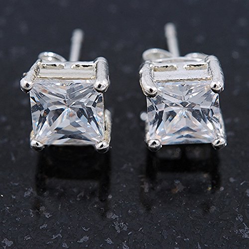 Colgante de circonita cúbica transparente corte princesa con pendientes tuerca plata y cadena 5