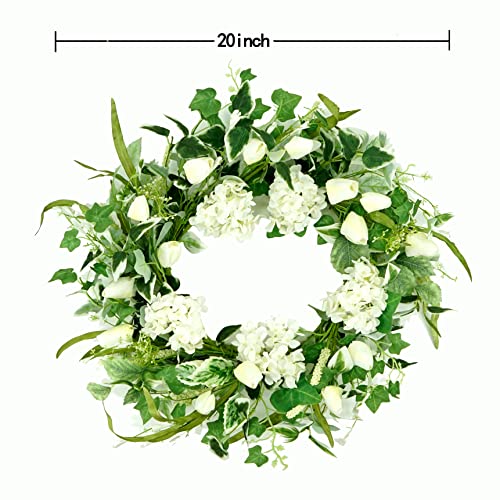 Amf0Resj 20" Artificial Spring Wreath Summer Wreath Tulip Wreath With Ivy Leaves, White Tulips, Hydrangeas, Tassel, A Variety Of Green Leaves For Front Door Indoor Outdoor Farmhouse Home Decor #TOP6