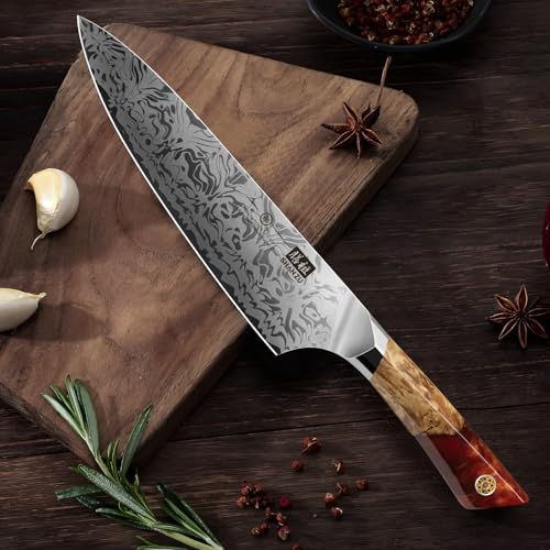SHAN ZU Damast Küchenmesser Kochmesser, Japanisches Damastmesser aus SG2-Pulverstahl, Handgeschmiedetes Chefmesser aus 91 Schichten Damaststahl, 20CM Profi messer und Ahorngriff – WHITE TIGER Series
