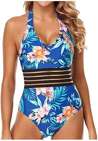 Womens One Piece Swimsuits Flowers Print Bikini Push-Up Bathing Suit V Neck Monokini Tummy Control Swimwear (Sky Blue, M)