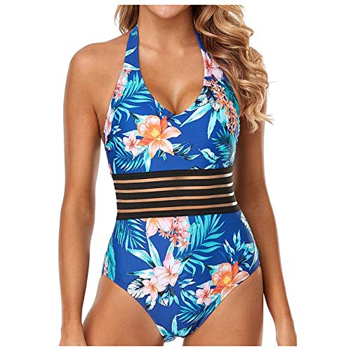 Womens One Piece Swimsuits Flowers Print Bikini Push-Up Bathing Suit V Neck Monokini Tummy Control Swimwear (Sky Blue, M) #TOP3