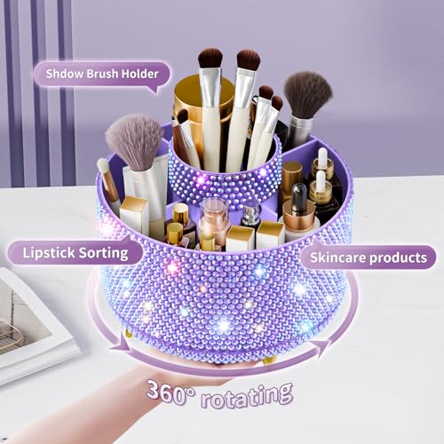 Image of fanado Bling 360 Rotate Makeup Brush Holder Organizer, Makeup Organizers Countertop, Makeup organization and Skincare Storage for Vanity, Gift for Women Girls (Bling dz-Purple)