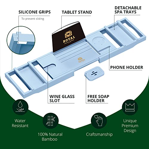 ROYAL CRAFT WOOD Luxury Bathtub Caddy Tray, One or Two Person Bath and Bed Tray, Bonus Free Soap Holder (Blue)