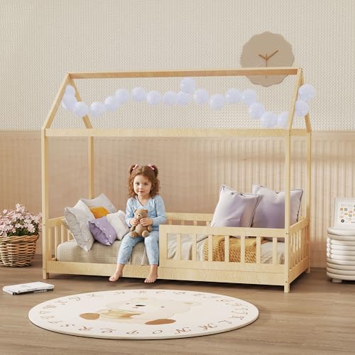 HOMCOM Toddler Bed Kids Single Bed Frame, House-Shaped Solid Pine Wood with Guard Rails for Kids Boys and Girls, Natural