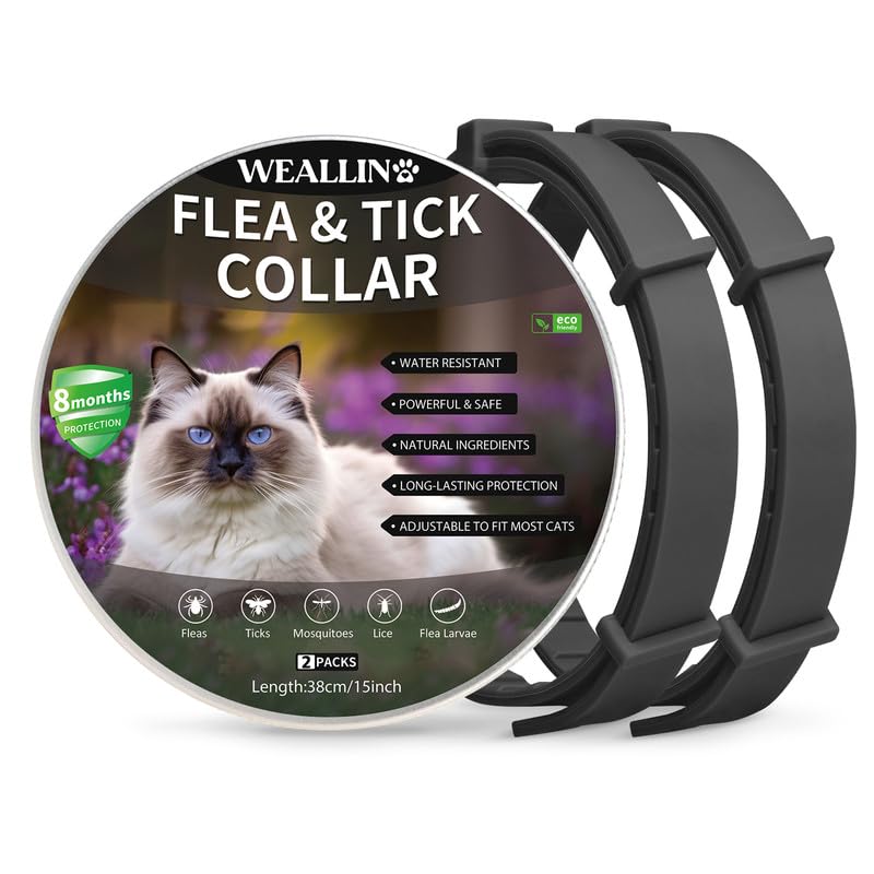 WEALLIN Collar Antipulgas y Garrapatas para Gatos, Collar Antipulgas Gatos, Collar antipulgas para Gatos con 8 Meses de Protección Ajustable e Impermeable, Apto para Todos los Gatos, Negro(2 PCS)