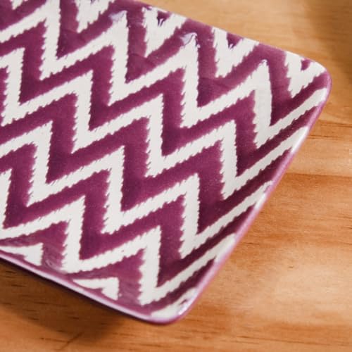 Image of Nestasia Set of 4 Ceramic Serving Platters (7 Inch Each) - Elegant Rectangular Serving Trays with Glossy Finish | Ideal for Sushi, Snacks, Starters & Gifting (Purple & White Zig Zag Pattern)