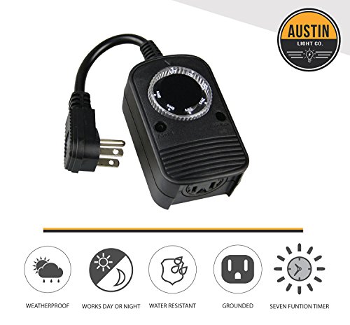 Austin Light Co. - 1 Socket - Outdoor Outlet Timer With Photocell Light Sensor, Weatherproof – Black - Ul Listed. Commercial Grade. Great For Christmas, Holiday Lights, Patio, Backyard, Home #TOP1