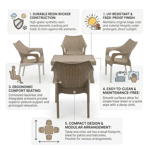 Image of Oaknest Supreme Cambridge with Vegas Plastic Outdoor Chair and Table Set | 4 Rattan Chairs + 1 Table | Weatherproof, Lightweight | Garden & Patio Use Dark Beige