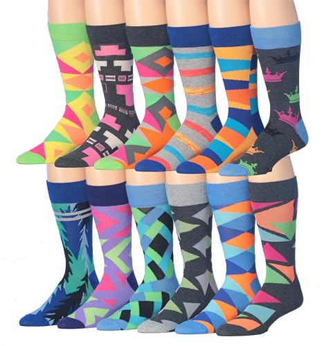 Tipi Toe Men's 12 Pairs Mystical Mosaic Shapes and Shades in Blue Violet Grey Black Green Soft Cotton Blend Colorful Funky Gift Box Dress Socks, CMC03-T1