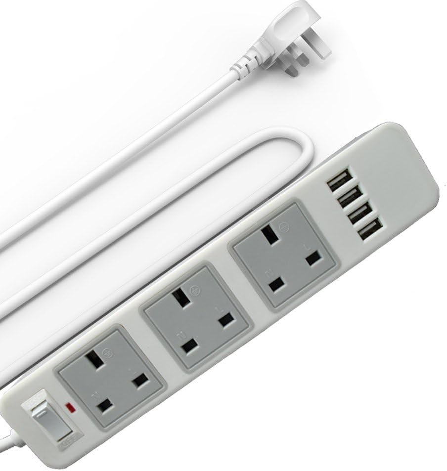 JnDee UK 3 Gang 2M (6.6ft) Extension Lead plus 4 USB Ports Power Strip - Surge Protector with Overload Protection Switch (3Way 2M)