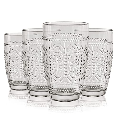 Creativeland 4 Pack Colored Vintage Drinking Glasses, 15.5 Oz Romantic Embossed Water Glasses, Colored Tumblers Tempered Glass, Vintage Glassware Set For Juice, Beverages, Beer, Cocktail(Gray) #TOP16