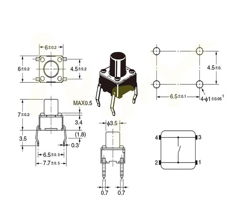 Miniatura 3 de Interruptor táctil de botón pulsador B3F-1060, interruptor de botón táctil momentáneo, SPST-NO, 50mA 24VDC 6X6X7mm