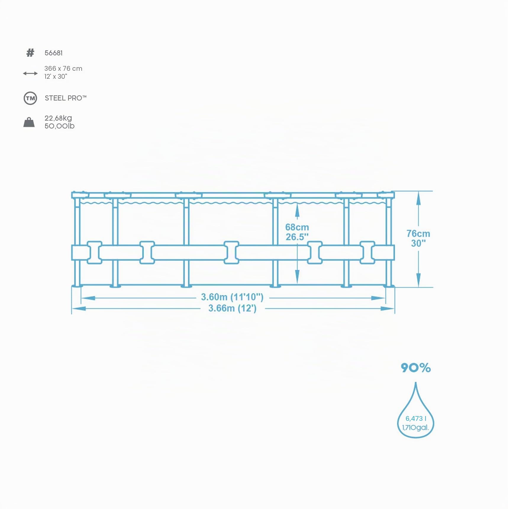 Bestway Steel PRO Frame - Piscina Rotonda, 366 x 76 cm, Colore: Blu