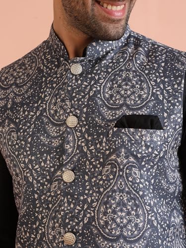 Image of KISAH Men Printed Kurta Jacket Set, Full Sleaves, Knee Length, Straight, Regular Fit, Mandarin Collar Ethnic Wear