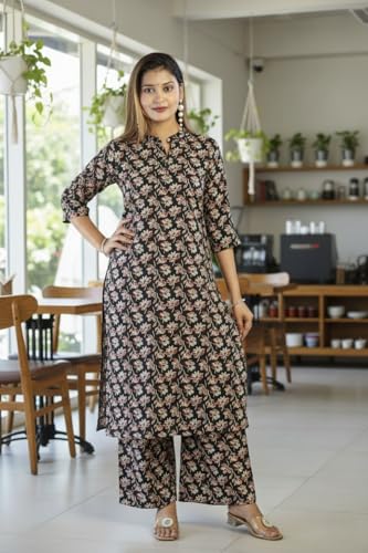 Image of Women's Cotton A-Line Kurta Palazzo Set | Printed Ethnic Co-Ord Set for Office Wear & Festive Look | Comfortable Breathable Fabric Kurti Pant Set for Women