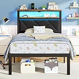ChicZhiNest Twin Size Bed Frame with 2 Tier Upholstered Storage Headboard and Under Bed Storage,Platform Bedframe with LED Lights and Charging Station, No Box Spring Needed,Easy Assembly,Black