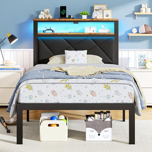 ChicZhiNest Twin Size Bed Frame with 2 Tier Upholstered Storage Headboard and Under Bed Storage,Platform Bedframe with LED Lights and Charging Station, No Box Spring Needed,Easy Assembly,Black