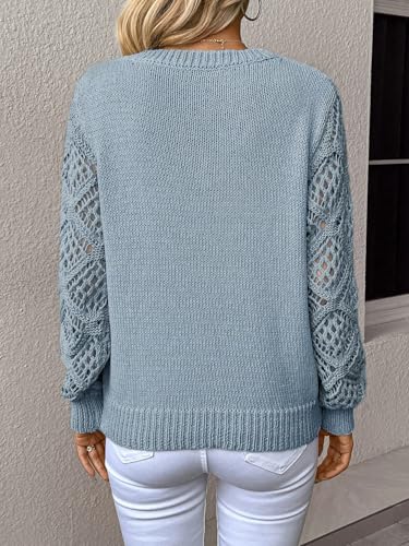 Image of BEAUDRM Women's Hollow Out Sweater V Neck Long Sleeve Knit Pullovers Top Blue Small