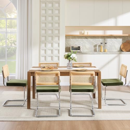Image of Zesthouse Natural Rattan Dining Chairs Set of 6, Olive Green Modern Kitchen Chairs with Solid Wood Back & Chrome Base, Mid Century Breuer Design Inspired, Upholstered Luxurious Velvet Fabric