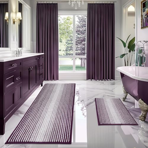 BSICPRO Bathroom Rugs and Mats Sets, 2 Piece Thick Absorbent Chenille Bath Mat Rug Set Non Slip, Soft Shaggy Bath Room Floor Mats for Bathroom, Machine Washable (Mauve Wine, 24" x 70" Plus 20" x 32")