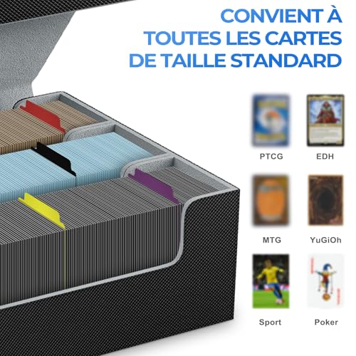 Miyacare Boîte à Cartes Pour MTG, Trading Card Storage Box Contenir à 1800+ Cartes Sans Pochette avec 8 Compartiment, Boîte à Rabat Magnétique avec Cuir pu pour Cartes Magic TCG (Noir+Gris, 1800+) - Image 6