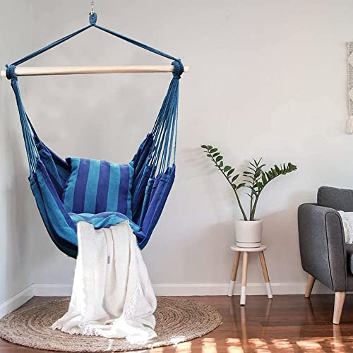 Blissun Hanging Hammock Chair, Hanging Swing Chair With Two Cushions, 34 Inch Wide Seat Blue & Green Stripes (Seaside Stripe) #TOP6