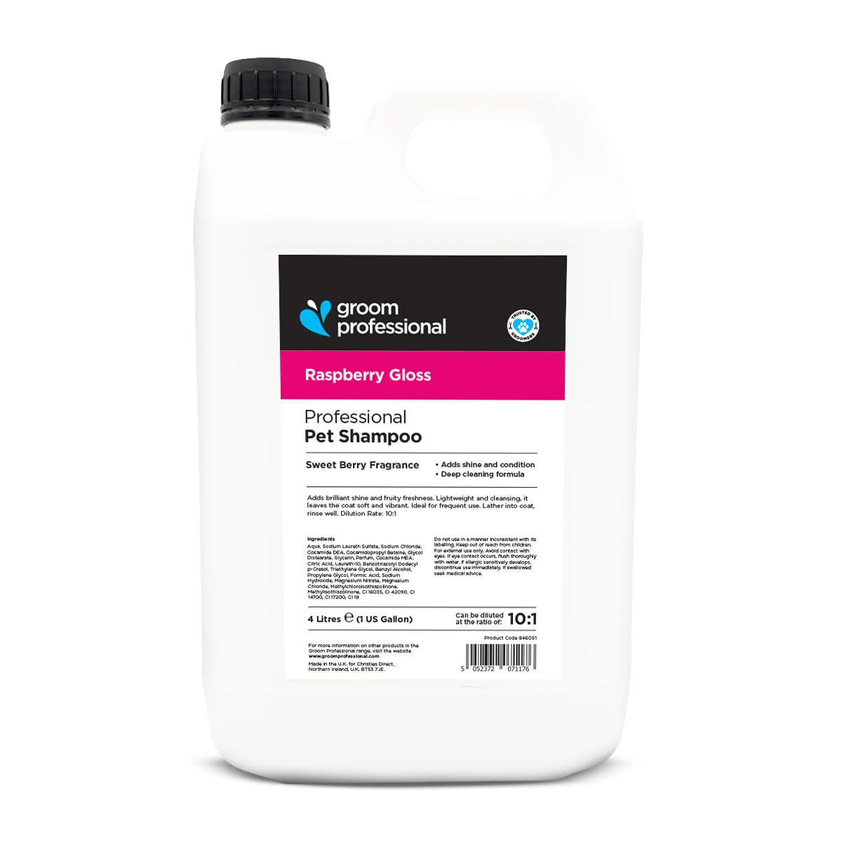 GROOM PROFESSIONAL Raspberry Gloss Dog Shampoo - Deep Cleansing for Smelly Dogs w/Natural Raspberry Extract - Adds Shine & Softness, Removes Dirt & Odours - Moisturises Dull, Dry & Itchy Coats, 4L