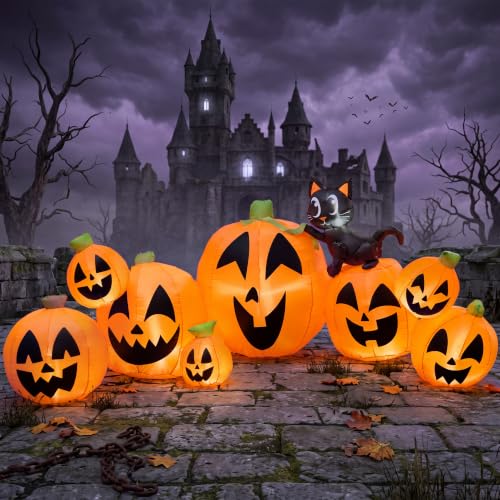 Image of Joiedomi 10 FT Long Halloween Inflatables Outdoor Decorations, Blow Ups Inflatable Pumpkin for Yard with Witch's Cat, 8 Pcs Blow Up Pumpkin Decor for Halloween Decorations Outside