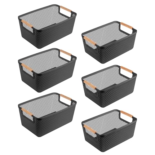 LAMPTOP 収納カゴ 6個セット 多用途収納ボックス 木製円形ハンドル収納バスケット キッチン/バスルーム/クローゼット 小物入れケース 調味料・洗面用品・衣類・食品整理に 頑丈軽量 すっきり収納ボックス Ｌサイズ＆Mサイズ各3個セット ブラック