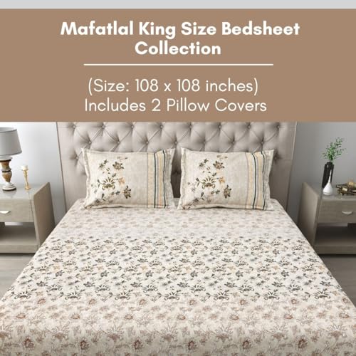 Image of Mafatlal 186 TC Spring Glory Cotton Bedsheet for King Size Bed | 108 x 108 Inches | Summer Lightweight chador for Breathable Sleep | Bedding Set with 2 Pillow Covers | Beige