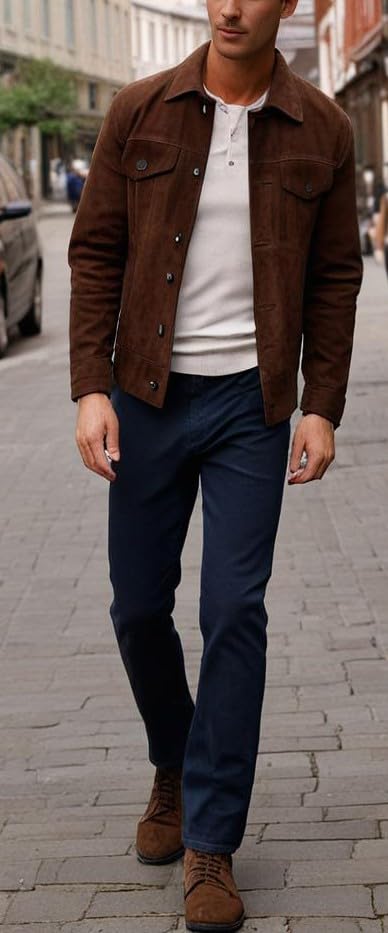 Image of Mens Premium Brown Suede Leather Trucker Jacket - Vintage Classic Motorcycle Western Goat Leather Coat