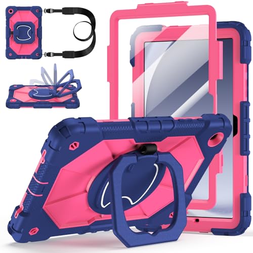 Case for Samsung Galaxy Tab A9 Plus 11 Inch 2023(SM-X210/X216/X218), Auorld Rugged Case for Samsung Galaxy A9+ Tablet with Screen Protector 360 Rotating Stand Shoulder Strap Pen Holder, Navy Pink