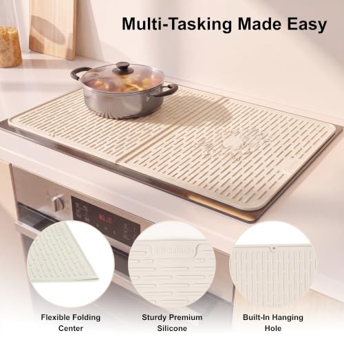 Image of Foldable Silicone Stove Top Cover - 20 inchx28 inch Stove Top Covers for Electric Stove, Glass Top Stove Cover, RV Stove Top Cover & Dish Drying Mat (Cream, 28''x20'')