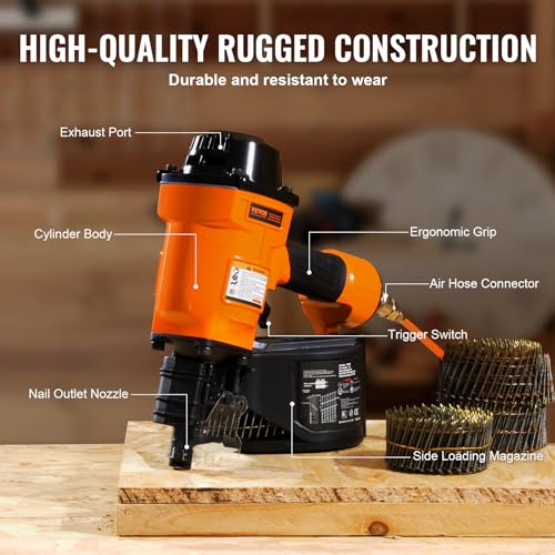 Image of VEVOR Coil Siding Nailer MCN70, 1-3 /4 inch to 2-3 /4 inch 15 Degree Pneumatic Siding Nail Gun, 70-120PSI Air Coil Nailer for Pallet, Crating, Framing, Siding and Fencing