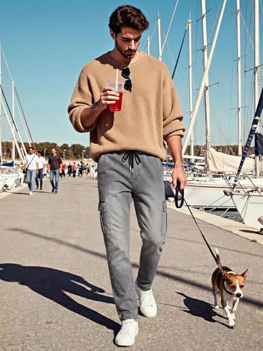 Image of JMIERR Men's Elastic Waist Cargo Jeans Stretch Denim Pants with Drawstring Relaxed Fit for Casual Daily Wear