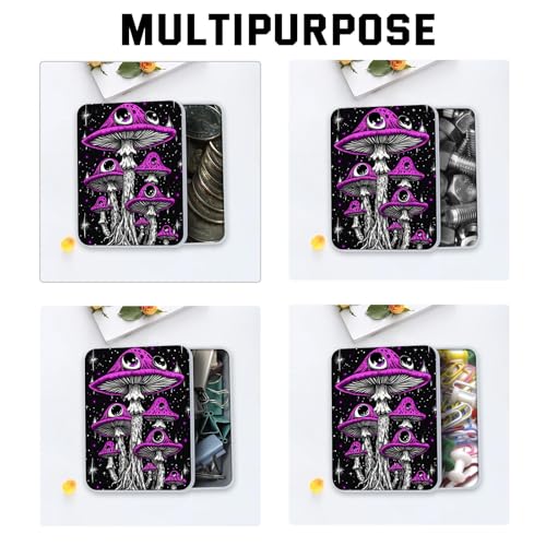 Image of Metal Tin Box with Lid,Multi-functional Storage Large Box Can Store Tea Biscuits Game Cards, Playing & Tarot Cards-Comes with 4 Magnetic Cord Clips,Psychedelic Purple Mushrooms