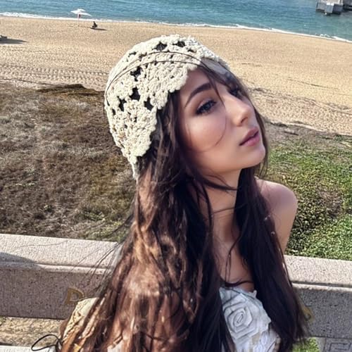 Crochet Beanie, Knitted Hat, Crochet Hat, Knitted Hats Knit, Summer Embroidered Headband Cutout Floral Beanie Hats Skull Cap Bandana for Women3