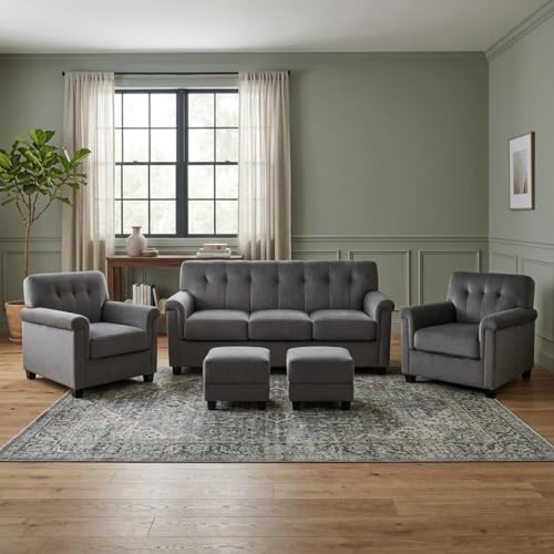 Image of FURNY Woodswave 5 Seater 3+1+1+2 Puffy Sofa Set for Living Room in Premium Velvet Finish (Dark Grey) Durable & Comfortable Ideal for Living Rooms