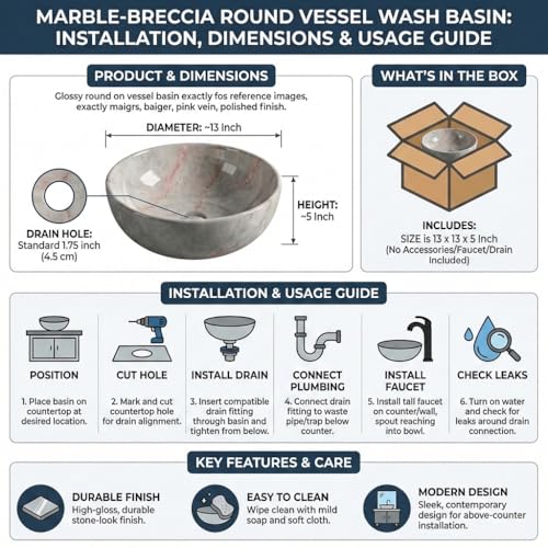 Image of InArt Ceramic Premium Designer Table Top /Over Counter /Vessel Sink Above counter top Wash Basin for Bathroom 13 x 13 x 5 Inch In Round Shape (Green Marble)
