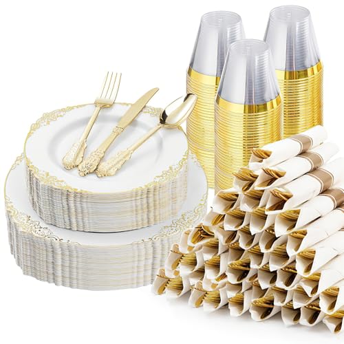 Bestluck 350PCS Gold Plastic Plates for 50 Guests, Disposable Dinnerware Sets Include 100 Gold Rim...