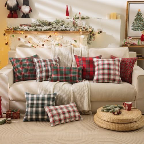 Image of AQOTHES Christmas Plaid Decorative Throw Pillow Covers Green White 12x20