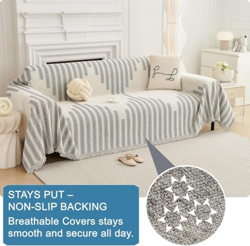 Image of The Furnishing Tree Reversible Double Sided Chenille Sofa Cover, Anti-Slip Couch Cover, Comfy Sofa Towel for All Seasons, 5 Seater (3+1+1), Grey