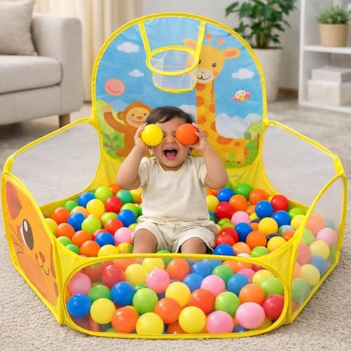 Image of BabyGo Kids Giraffe Basketball Ball Pool for Kids, Play Tent House for 2+ Year Old Girls and Boys, Ball Pit for Kid, Spacious, Lightweight, Portable & Easy to Set Up, (Yellow) (30 Balls)