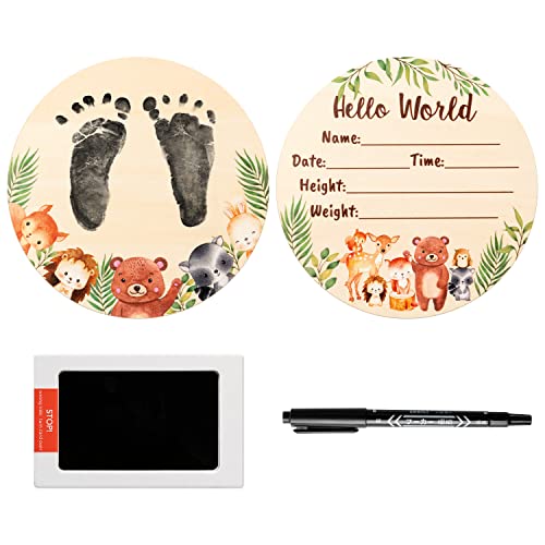 Image of R HORSE Baby Birth Announcement Sign with Marker Pen, Cartoon Animal Baby Name Sign with Ink Pad for Hand and Footprints, Wooden Hello World Newborn Announcement Nursery Decor Keepsake Gifts