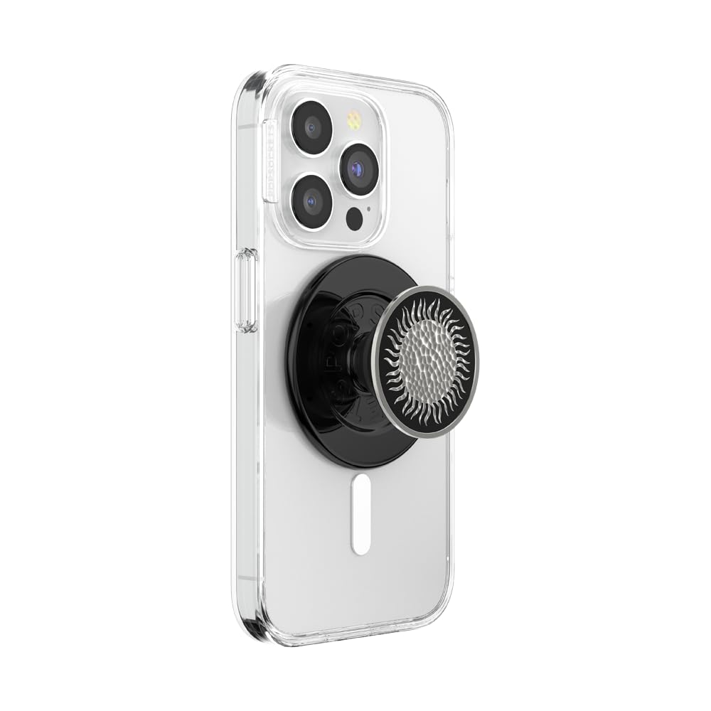 PopSockets Impugnatura per telefono MagSafe con cavalletto, supporto magnetico, parte superiore sostituibile, presa sicura per custodie MagSafe per iPhone e tablet, smalto martellato nero sole