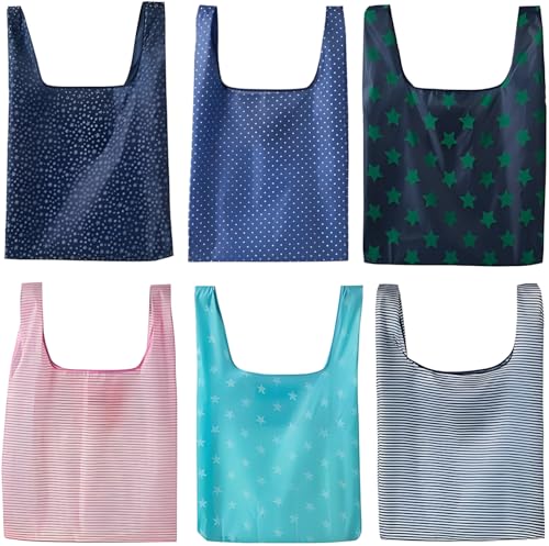 6 Pack Reusable Shopping Grocery Bags with Pouch Foldable, Foldable Shopping Bag Portable Reusable Grocery Bags Handy Travel Bags for Household Outdoors, Multicolor