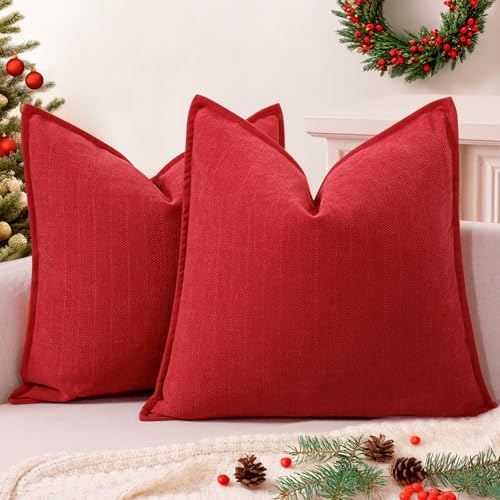 ZWJD Christmas Red Pillow Covers 20x20 Set of 2 Chenille Throw Red Cushion Covers with Elegant Design Soft and Luxurious Decorative Pillows for Couch, Bed, and Christmas Decor