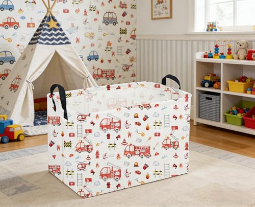 Image of Sanjiaofeng Rectangular Fire Engine Storage Basket,Kids Toy Storage Bin,Nursery Hamper,Kids Storage Basket with Handles,Home Organizer,Books Box,Gift Baskets,Car Room Decor(Fire Engines)